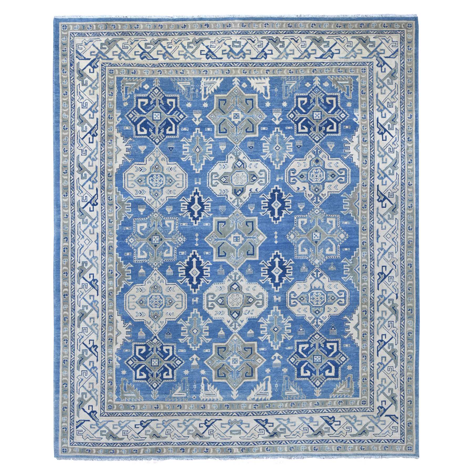 8'x9'8" Bayern Blue, Vintage Look Kazak with All Over Geometric Motifs, Hand Knotted, 100% Wool, Natural Dyes, Oriental Rug 